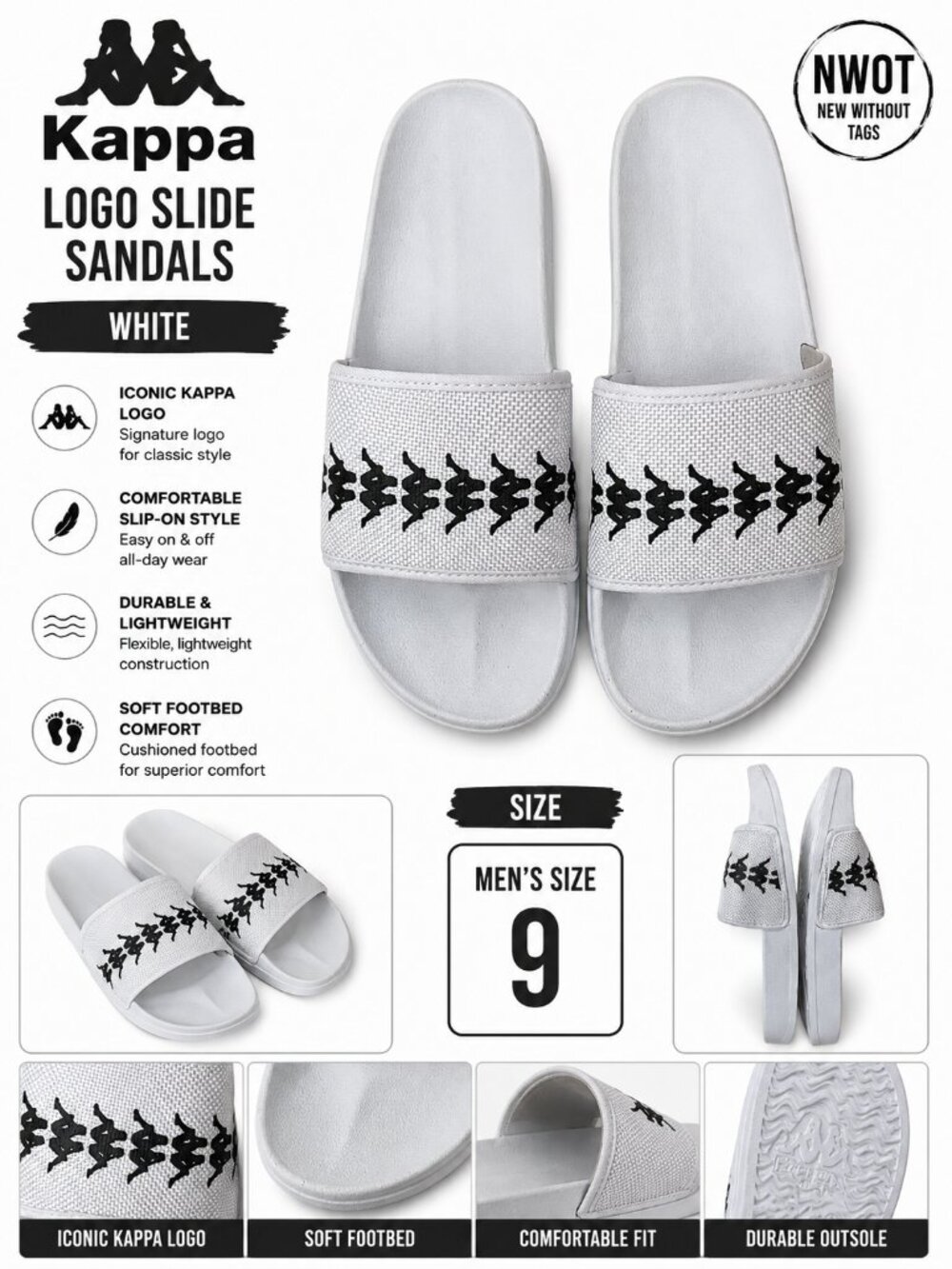 NWOT Kappa Logo Slide Sandals White Size 9